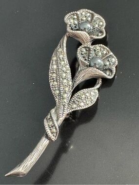 Sterling Silver Marcasite Floral Brooch Vintage Style 925